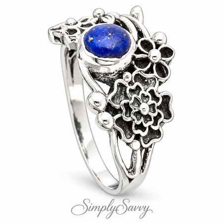 925 Sterling Silver Natural Lapis Floral Ring – Size 6 Boho Flower Statement Ring