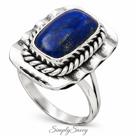Natural Lapis Lazuli Ring 925 Sterling Silver Statement Ring Size 7 Vintage Style