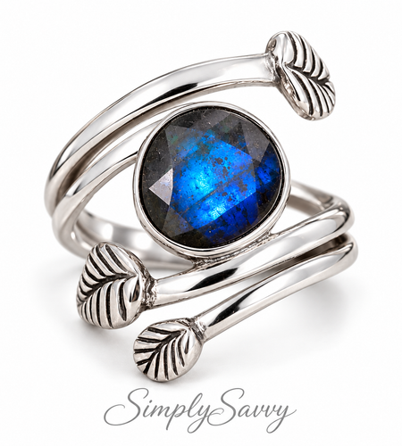 Natural Blue Labradorite Ring 925 Sterling Silver Wrap Ring Size 7