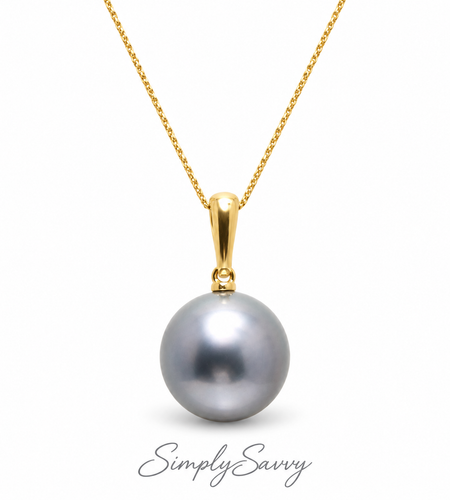 14K Yellow Gold Tahitian Pearl Pendant Necklace | 12–13mm Round Grey-Green Pearl | 45cm