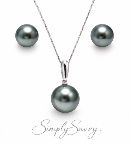 14K White Gold Peacock Tahitian Pearl Necklace & Stud Earring Set | 10–11mm | French Polynesia