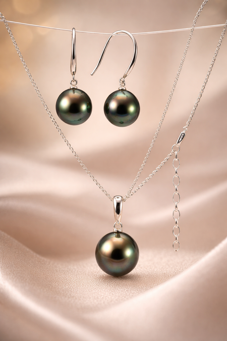 10–11mm Peacock Tahitian Pearl Jewelry Set – 14K White Gold Earrings & Pendant Necklace
