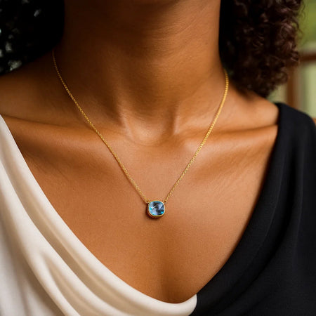 14K Yellow Gold Cushion Blue Topaz Necklace