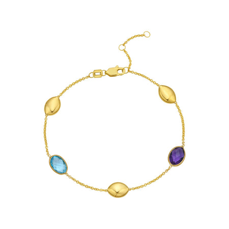 14K Yellow Gold Amethyst & Blue Topaz Oval Gemstone Bead Bracelet, 7.5" Adjustable