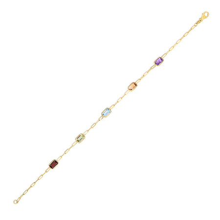 14K Yellow Gold Multi Gemstone Paperclip Bracelet, 7"