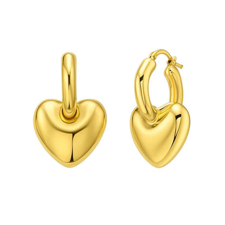 14K Yellow Gold Puffy Heart Dangle Huggie Hoop Earrings