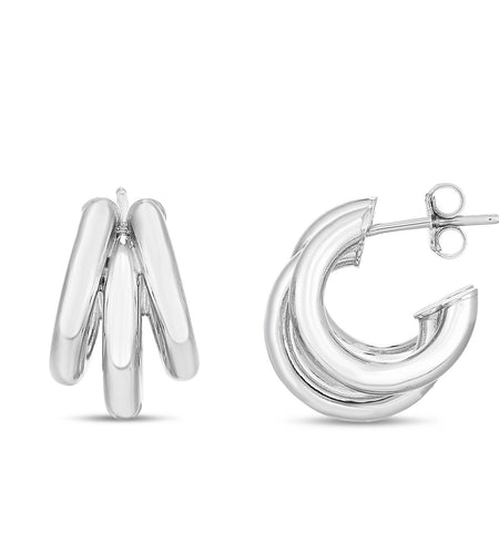 Sterling Silver Triple Barrelled Strand Hoop Earrings