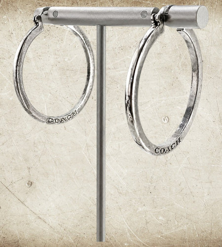 Coach Silver Tone Logo Hoop Earrings Minimalist Designer Hoops