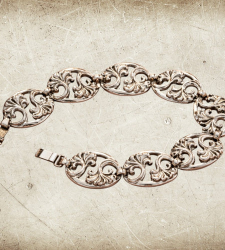 Sterling Silver Scroll Link Bracelet – Artisan Oval Panel Design