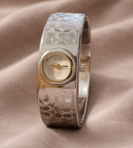 Coach Signature Silver Tone Cuff Watch – Pre-Owned Designer Bracelet Watch