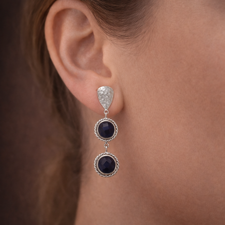 Sterling Silver Blue Corundum Drop Earrings – Hammered Rhodium Finish | Stormy Nights Collection