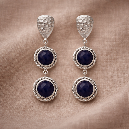Sterling Silver Blue Corundum Drop Earrings – Hammered Rhodium Finish | Stormy Nights Collection