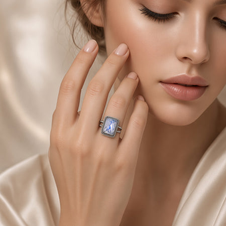 Simply Savvy Bali Artisan Sterling Silver Rainbow Moonstone Ring – Handcrafted 925 Silver – Luxury Moonstone Statement Ring