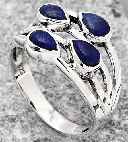 Natural Lapis Lazuli Ring – 925 Sterling Silver Multi Stone Pear Design Size 6