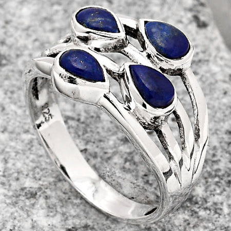 Natural Lapis Lazuli Ring – 925 Sterling Silver Multi Stone Pear Design Size 6