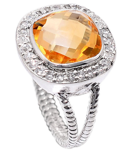 Natural Citrine Cushion Halo Ring 925 Sterling Silver 10mm Size 6 November Birthstone