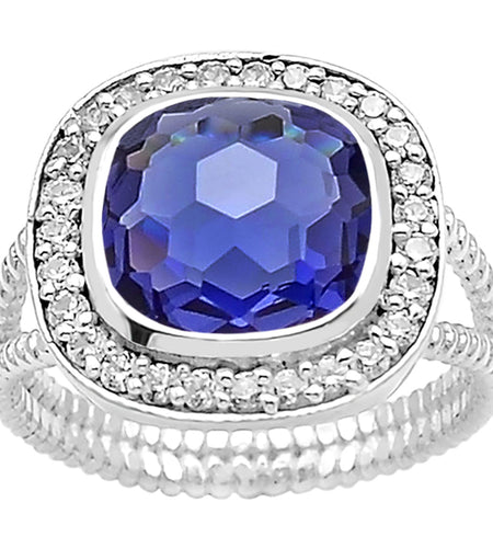 Sterling Silver Cushion Cut Simulated Tanzanite Ring CZ Halo Size 6 Statement Ring