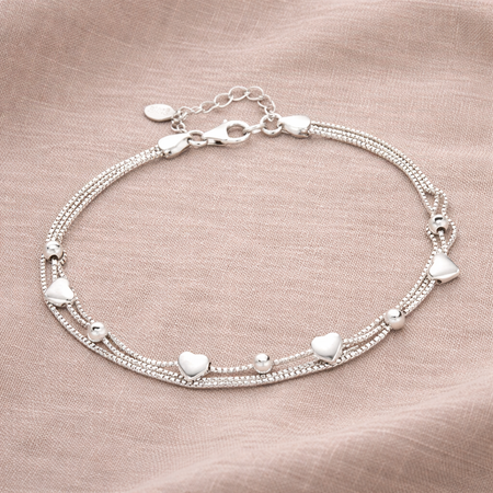 925 Sterling Silver "Sweetheart Drift" Triple Strand Heart & Bead Bracelet
