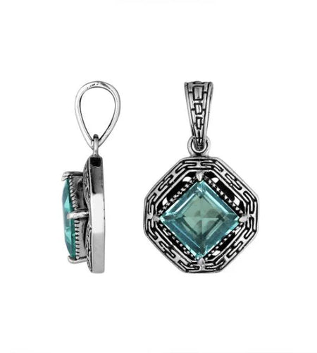 Bali Artisan Sterling Silver Blue Topaz Pendant – Handcrafted 925 Silver Luxury Greek Key Gemstone Pendant