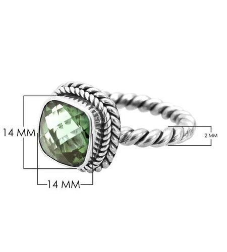 Bali Artisan Sterling Silver Green Amethyst Ring – Handcrafted 925 Silver Luxury Cushion-Cut Gemstone Ring