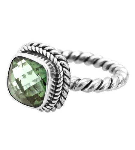 Simply Savvy Bali Artisan Sterling Silver Green Amethyst Ring – Handcrafted 925 Silver Luxury Cushion-Cut Gemstone Ring