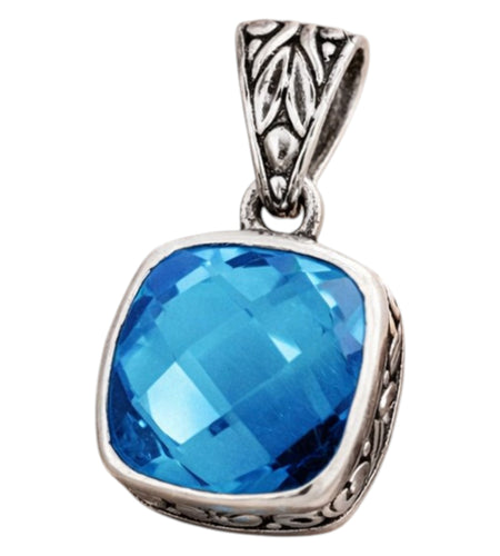 Bali Artisan Sterling Silver London Blue Topaz Pendant – Handcrafted 925 Silver Luxury Cushion Gemstone Pendant