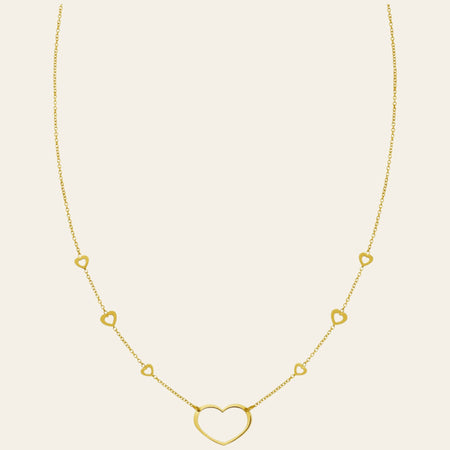 14K Yellow Gold Open Heart Station Necklace 18 in Adjustable Heart Necklace
