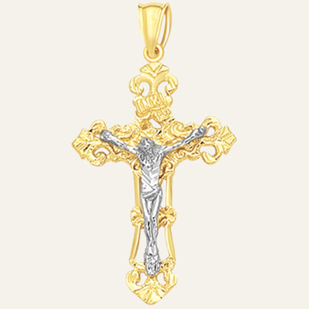 14K Two-Tone Gold Ornate Crucifix Cross Pendant – 1.54 Inches