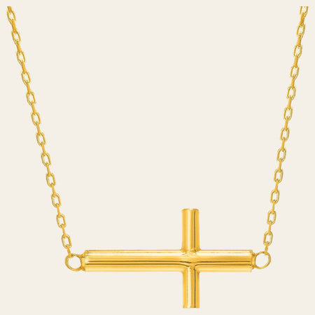 14K Yellow Gold Polished Cross Necklace 18 in Horizontal Faith Necklace