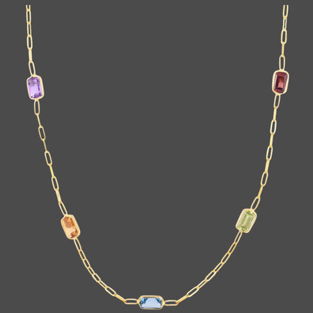 14K Yellow Gold Multi-Gemstone Baguette Paperclip Necklace 17 Inch