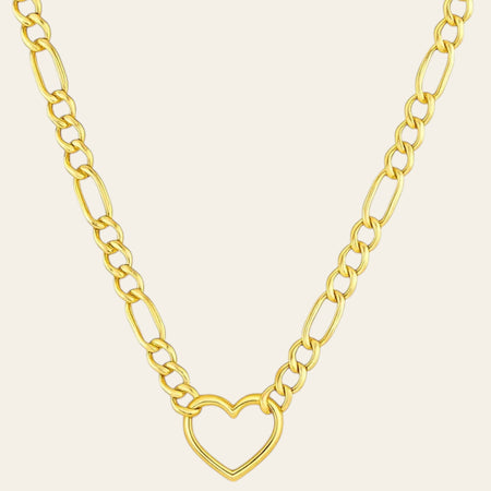 14K Yellow Gold Figaro Chain Open Heart Necklace 18 Inch