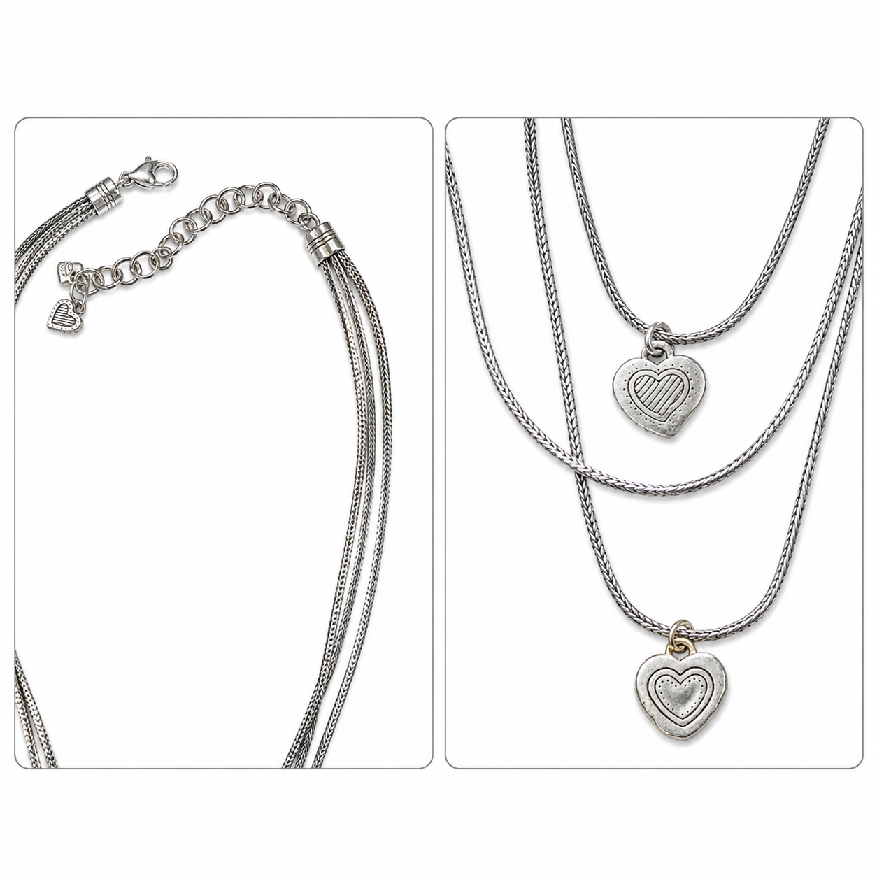 Brighton Two Tone Double Heart Triple Layered Necklace Adjustable 17.5"
