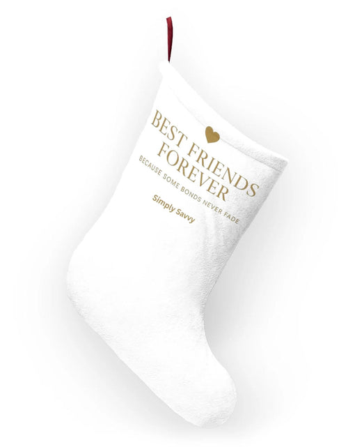 Load image into Gallery viewer, Best Friends Forever personalized Christmas stocking for best friends

Holiday friendship stocking with Best Friends Forever design

Christmas gift stocking for best friend with personalized name

Soft red and white Best Friends Forever holiday stocking
