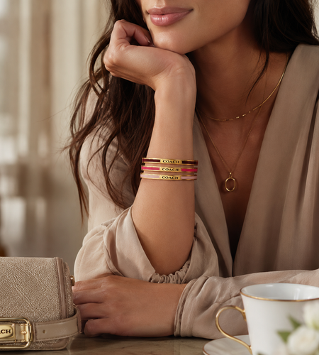 Coach Gold Tone Enamel Bangle Bracelet Set Red Brown Pink Stack
