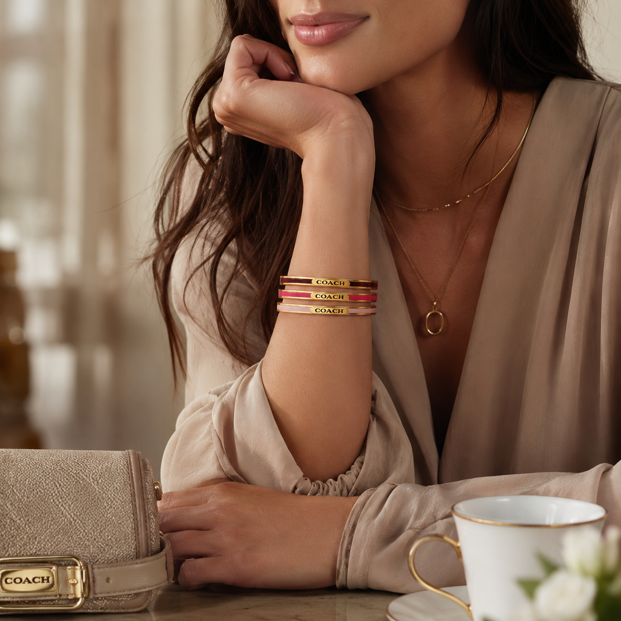 Coach Gold Tone Enamel Bangle Bracelet Set Red Brown Pink Stack
