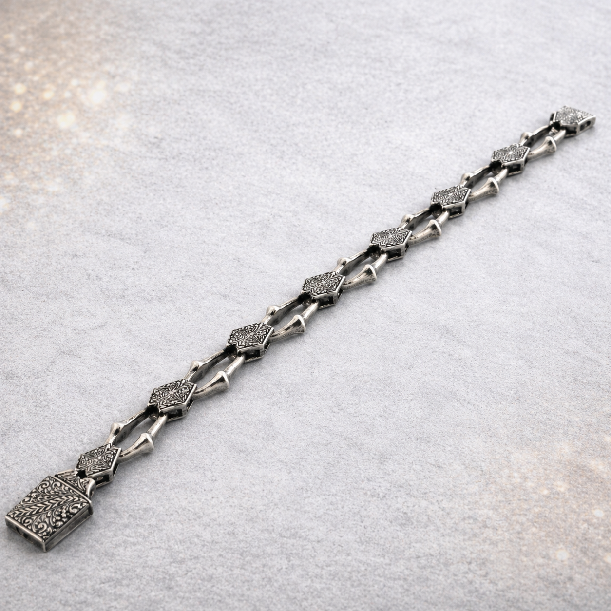 Heritage Forge Silver Bracelet-Heavy 926 Sterling Silver Engraved Link Bracelet – Ornate Artisan Box Clasp (8.66")