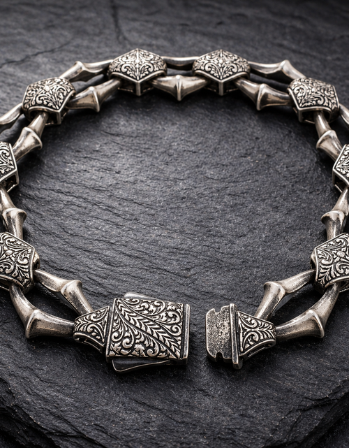 Load image into Gallery viewer, Heritage Forge Silver Bracelet-Heavy 926 Sterling Silver Engraved Link Bracelet – Ornate Artisan Box Clasp (8.66")
