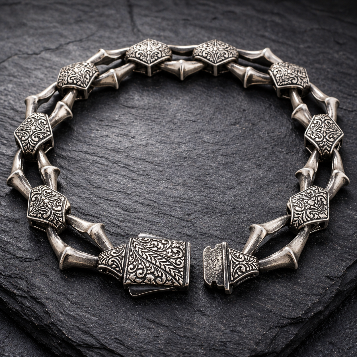 Heritage Forge Silver Bracelet-Heavy 926 Sterling Silver Engraved Link Bracelet – Ornate Artisan Box Clasp (8.66")