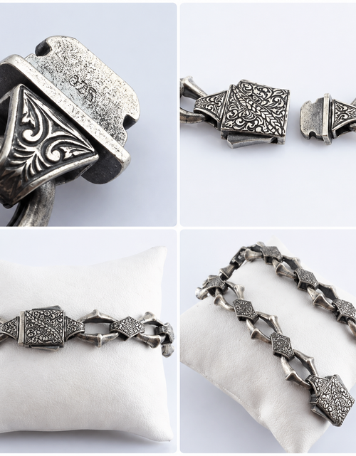 Load image into Gallery viewer, Heritage Forge Silver Bracelet-Heavy 926 Sterling Silver Engraved Link Bracelet – Ornate Artisan Box Clasp (8.66")
