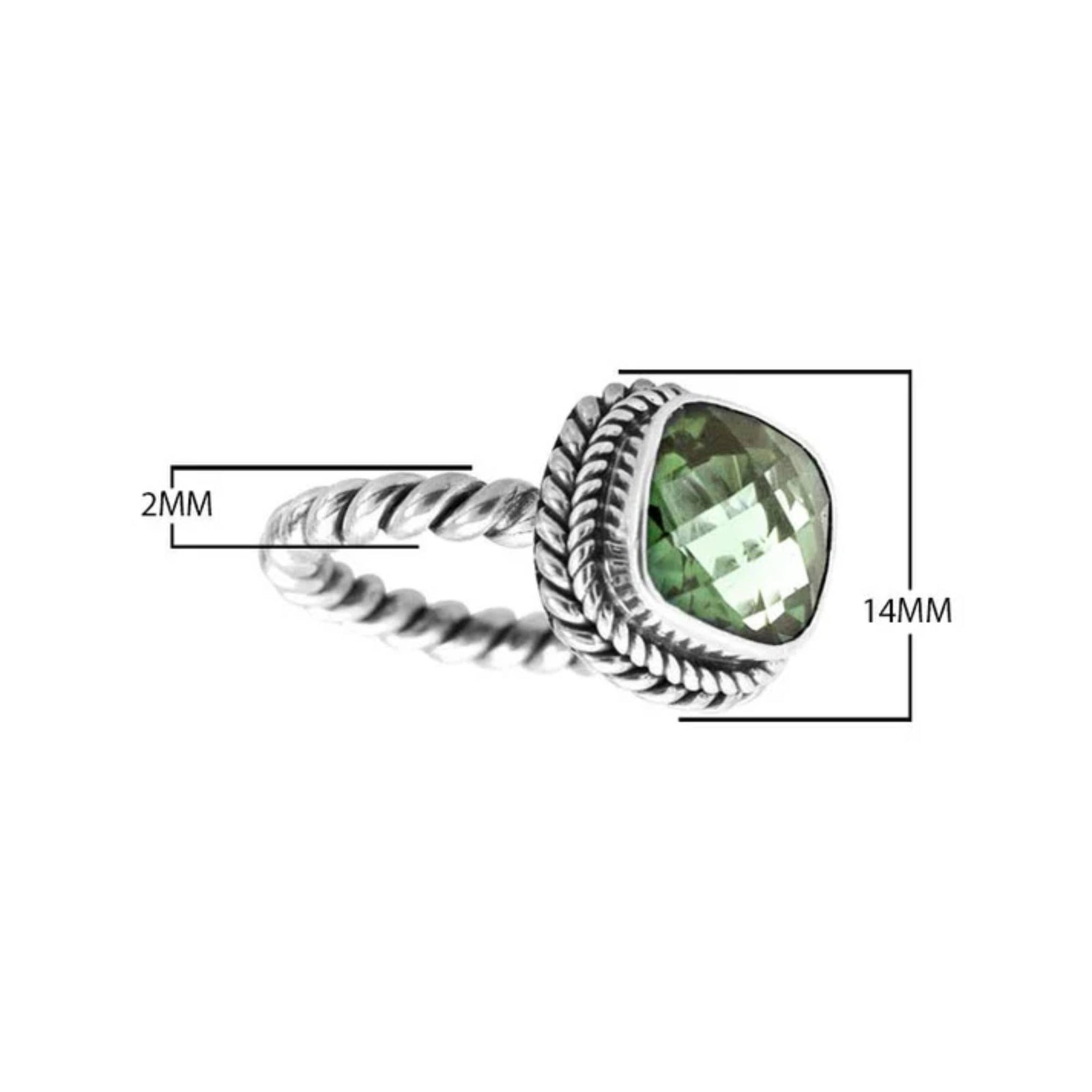 Sage Green Amethyst Quartz Sterling Silver Rope Band Bali Ring