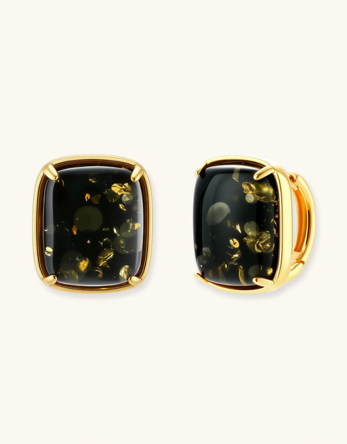 Load image into Gallery viewer, Elegant cushion-cut green amber earrings with golden inclusions in 18K gold-plated sterling silver settings.

