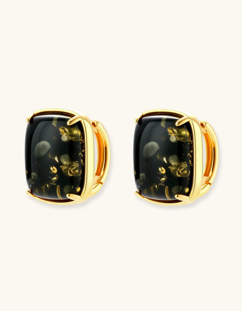 Load image into Gallery viewer, Elegant cushion-cut green amber earrings with golden inclusions in 18K gold-plated sterling silver settings.
