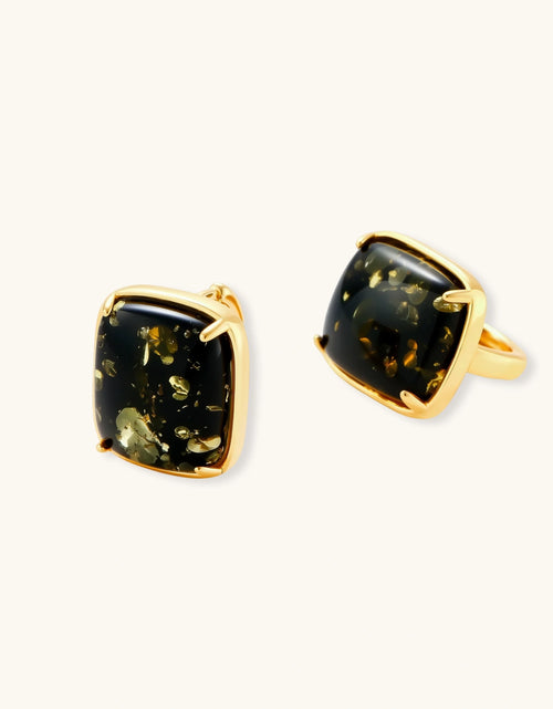 Load image into Gallery viewer, Elegant cushion-cut green amber earrings with golden inclusions in 18K gold-plated sterling silver settings.
