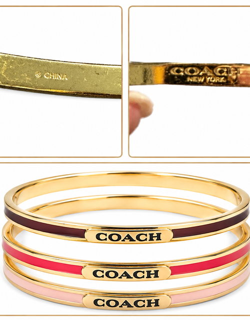 Load image into Gallery viewer, Coach Gold Tone Enamel Bangle Bracelet Set Red Brown Pink Stack
