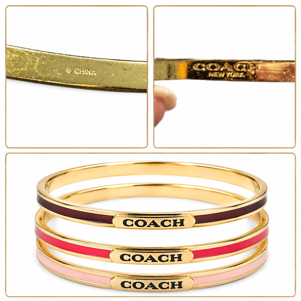 Coach Gold Tone Enamel Bangle Bracelet Set Red Brown Pink Stack