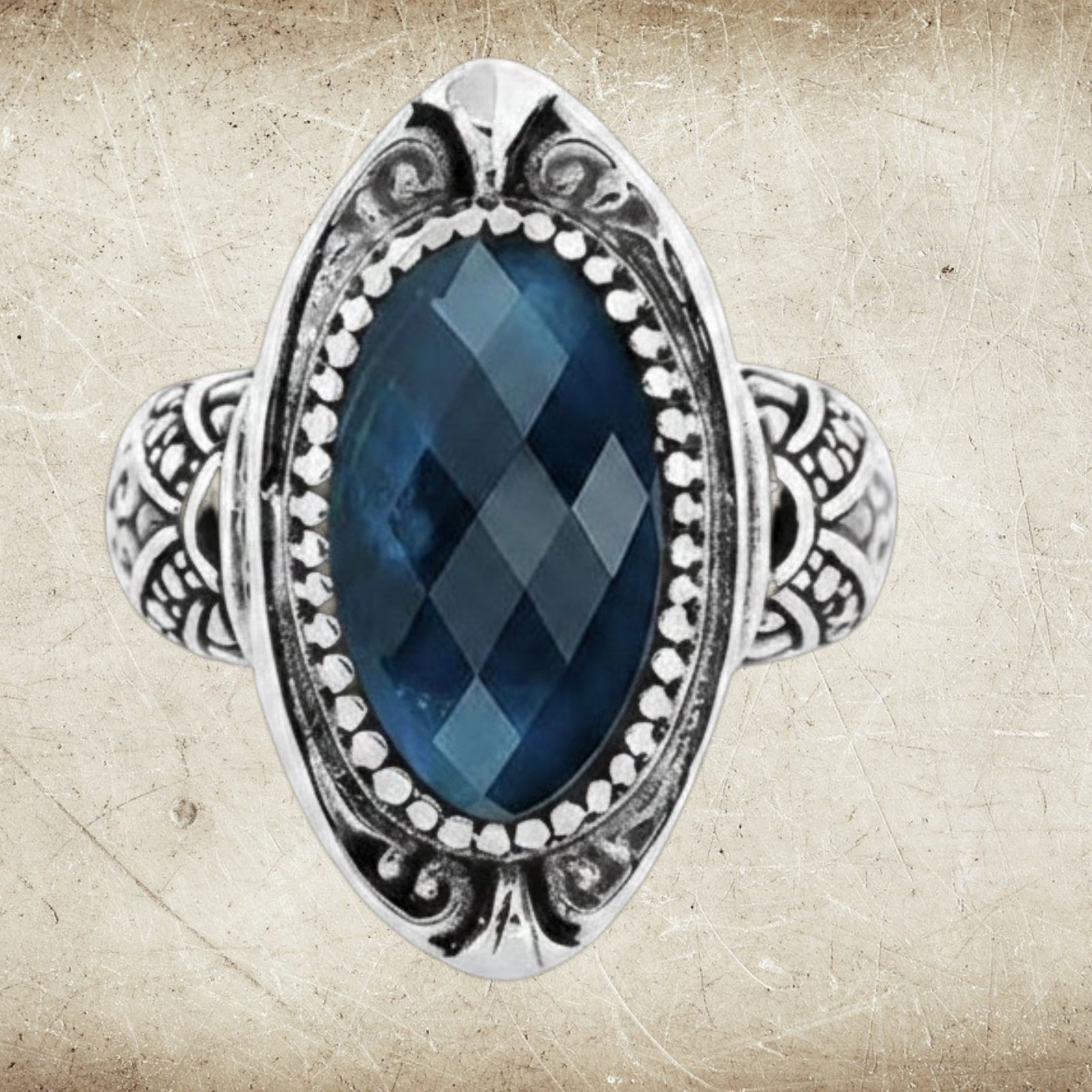 Midnight Bali - London Blue Topaz Quartz Balinese SS Statement Ring