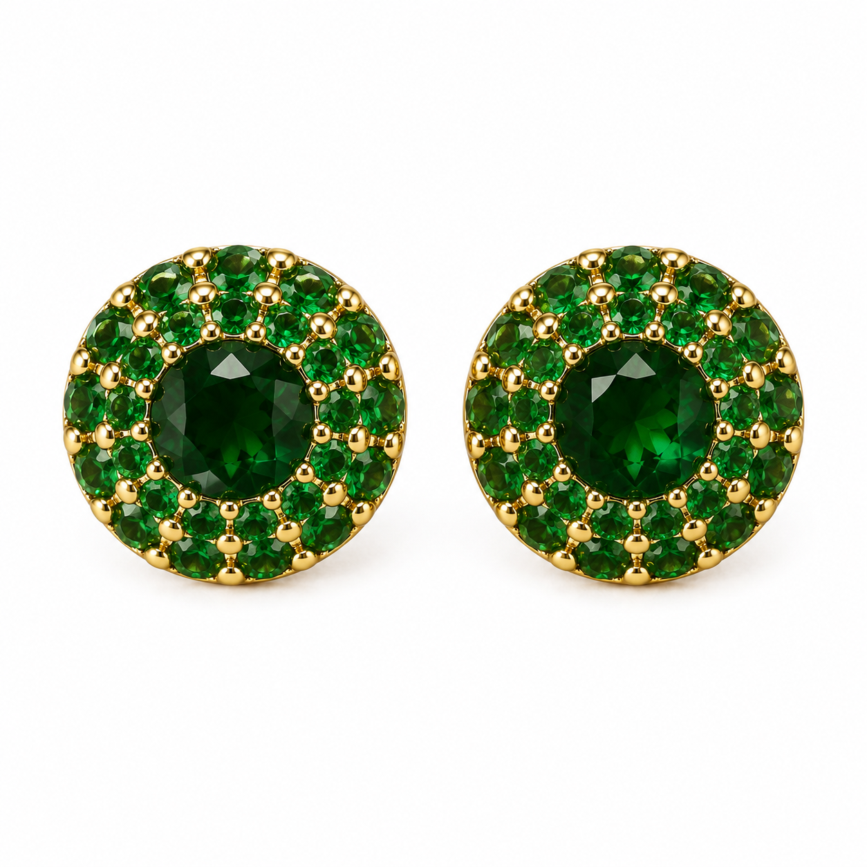 Emerald Halo Luxe Stud Earrings | Sterling Silver & 18K Gold Overlay