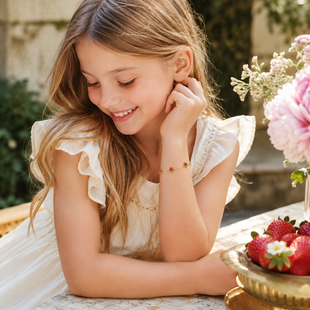 14K Yellow Gold Children’s Enamel Strawberry Bracelet, 5.5"