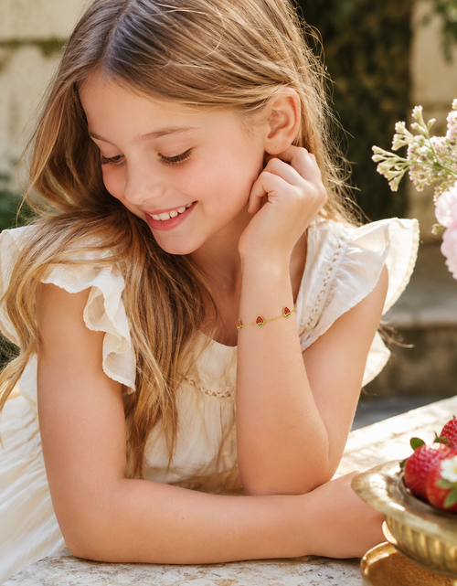 Load image into Gallery viewer, 14K Yellow Gold Children’s Enamel Strawberry Bracelet, 5.5"
