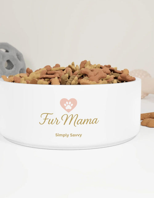 Load image into Gallery viewer, Fur Mama ceramic pet bowl with heart paw design for dogs and cats

Weighted ceramic pet bowl for pet moms with paw print design

Dog and cat food bowl with Fur Mama text and heart paw graphic

Ceramic pet water bowl with non-tip design

Stylish pet bowl for fur mama dog and cat lovers
